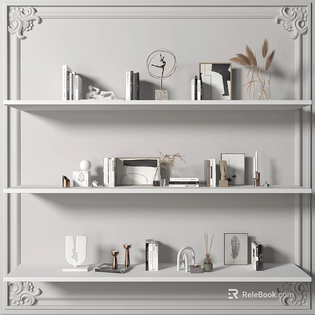 Minimalist Indoor Shelf Display With Decorative Ornaments Books And Plants 3d model 