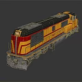 Vibrant Red And Yellow Train Locomotive With Shiny Metal Surface And Reflective Base
