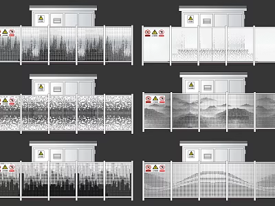 Modern Transparent Partition Screens With Diverse Pattern Designs And Safety Signs 3d model