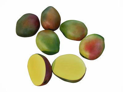 Fresh Ripe Mangoes Whole And Sliced With Yellow Flesh And Red Green Skin 3d model