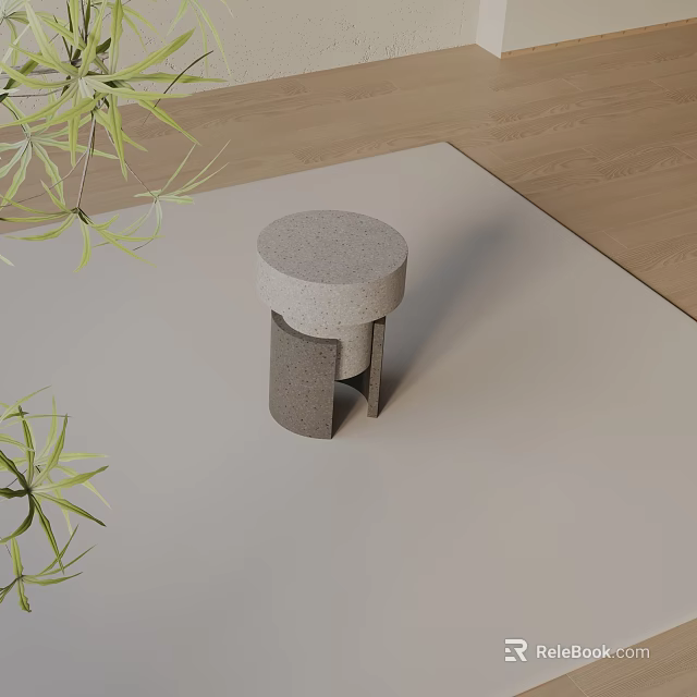 Modern Concrete Side Table With Circular Top And Natural Plant Decor 3d model 