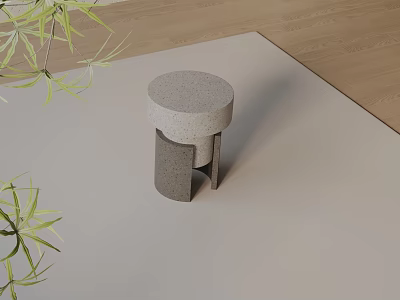 Modern Concrete Side Table With Circular Top And Natural Plant Decor 3d model