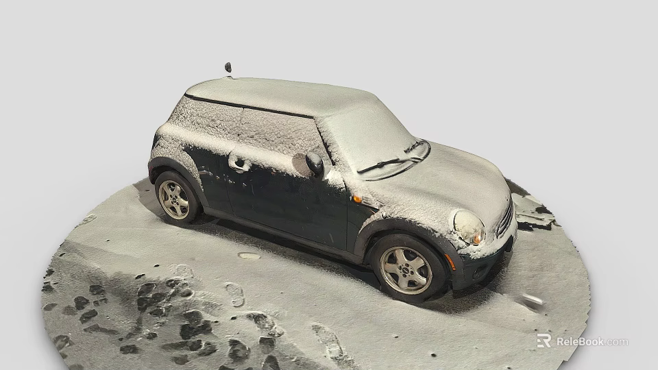 Snow Covered Compact Car Parked On Snowy Ground With Footprints Around 3d model 
