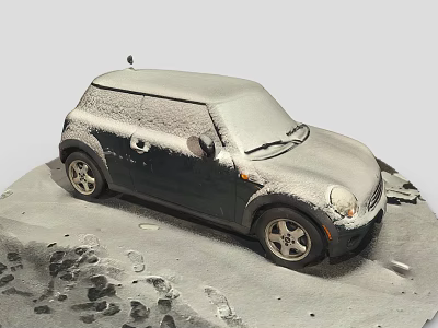 Snow Covered Compact Car Parked On Snowy Ground With Footprints Around 3d model