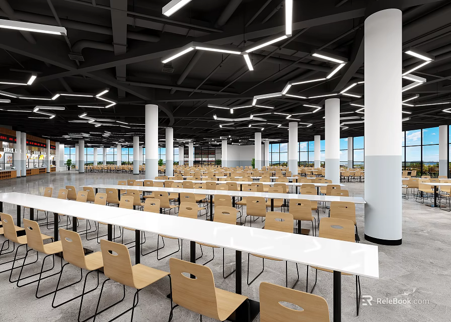School Dining Hall With Modern Lighting And Seating 3d model