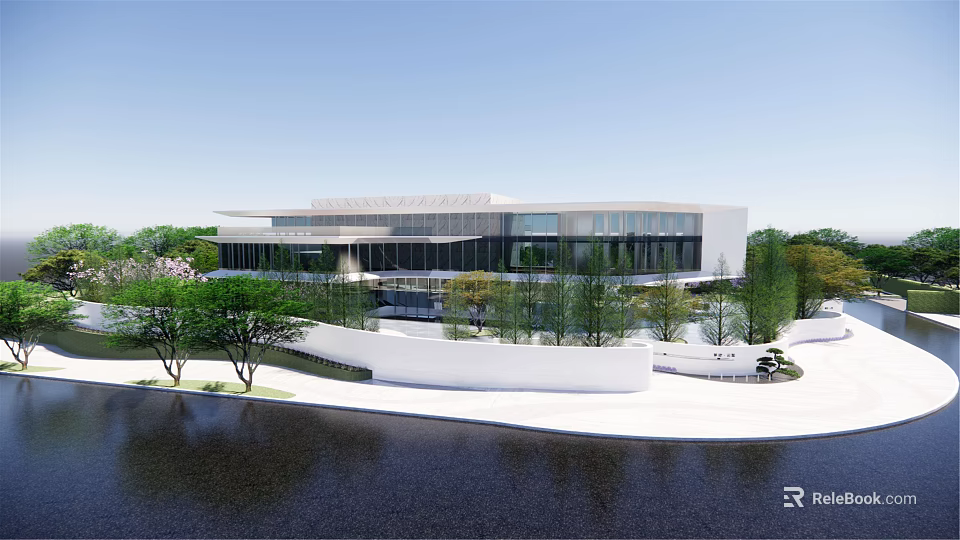 Modern Sales Office Building With White Facade Large Glass Windows Trees And Waterfront Landscaping 3d model 