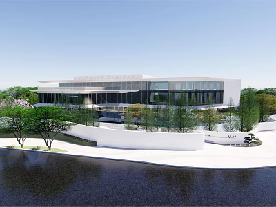 Modern Sales Office Building With White Facade Large Glass Windows Trees And Waterfront Landscaping 3d model