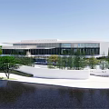 Modern Sales Office Building With White Facade Large Glass Windows Trees And Waterfront Landscaping