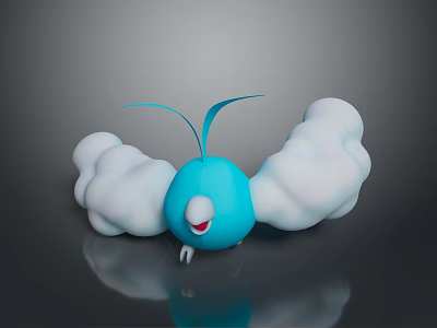 Cute Blue Game Character With White Cloud Wings And Green Leaf Antenna 3d model
