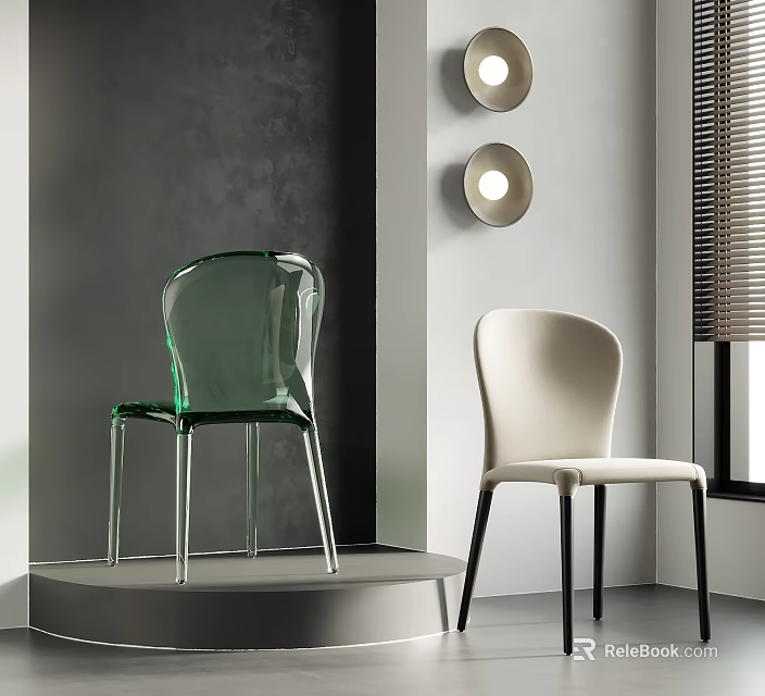 Modern Accent Chairs Transparent Green And Ivory White In Modern Design Against Gray Wall With Round Lamps And Blinds 3d model 
