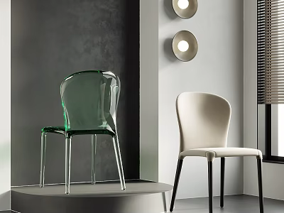 Modern Accent Chairs Transparent Green And Ivory White In Modern Design Against Gray Wall With Round Lamps And Blinds 3d model