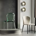 Modern Accent Chairs Transparent Green And Ivory White In Modern Design Against Gray Wall With Round Lamps And Blinds