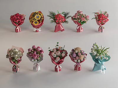 Colorful Assorted Flower Bouquets With Different Floral Types And Wrapping Styles 3d model