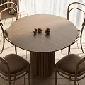 Round Wooden Dining Table Set With Four Upholstered Chairs And Pine Cone Decor 3d model