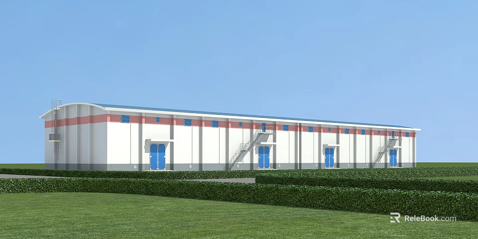 Modern Industrial Warehouse Building With White Walls Blue Roof Red Trim And Green Hedges 3d model 