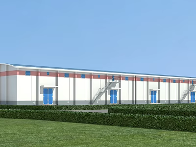 Modern Industrial Warehouse Building With White Walls Blue Roof Red Trim And Green Hedges 3d model