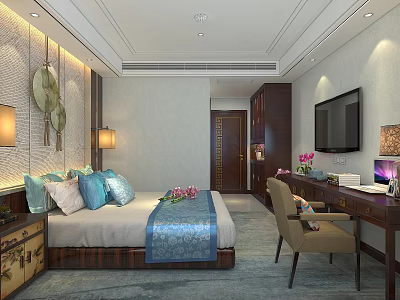 Elegant Hotel Guest Room With Blue Bed Runner Wall Art Table Lamps And Writing Desk 3d model