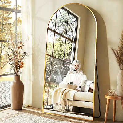 Cozy Living Room Interior With Arch Mirror Beige Sofa Throw Blanket And Dried Flowers 3d model