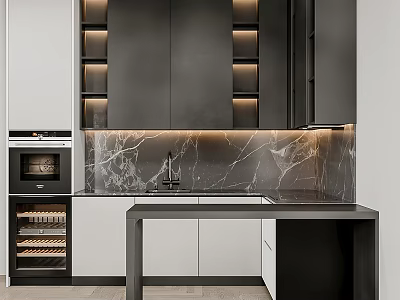 Modern Kitchen Interior With Sleek Cabinets Marble Countertop LED Lighting And Wine Rack 3d model