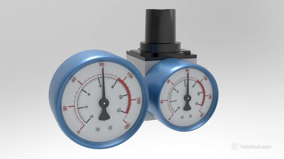 Industrial Equipment Featuring Dual Blue Pressure Gauges And Central Black Component 3d model 