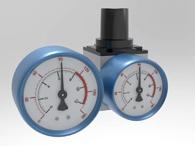 Industrial Equipment Featuring Dual Blue Pressure Gauges And Central Black Component 3d model