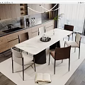 Modern Dining Table Set With Marble Top And Brown White Chairs In Kitchen Interior 3d model