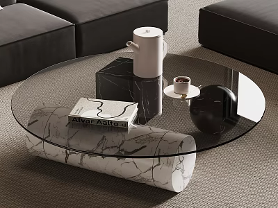 Glass Top Coffee Table with White Marble Base Black Sofa Teapot and Striped Book 3d model