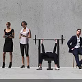 Group of People With Various Activities Including Barbell Lifting Standing And Sitting Against Gray Wall