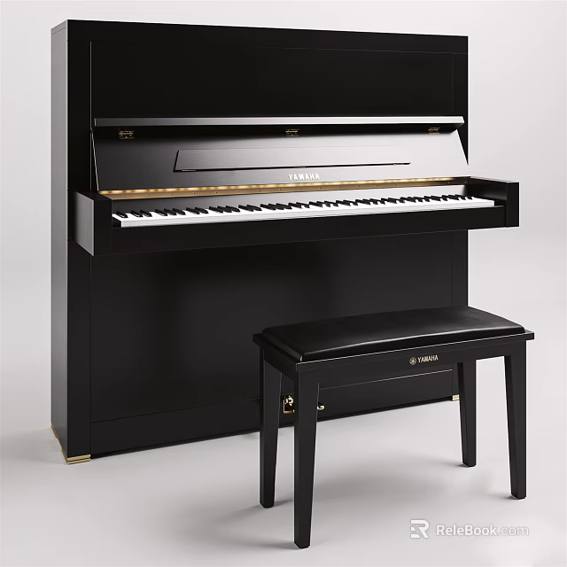High Quality Yamaha Black Upright Piano with Matching Bench Musical Instrument 3d model 