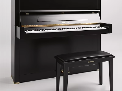 High Quality Yamaha Black Upright Piano with Matching Bench Musical Instrument 3d model