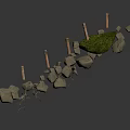 Suspended Stone Bridge With Wooden Ropes Connecting Natural Green Grass Island