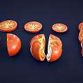 Fresh Tomatoes Whole With Green Stems And Sliced Arranged In A Row On Dark Background