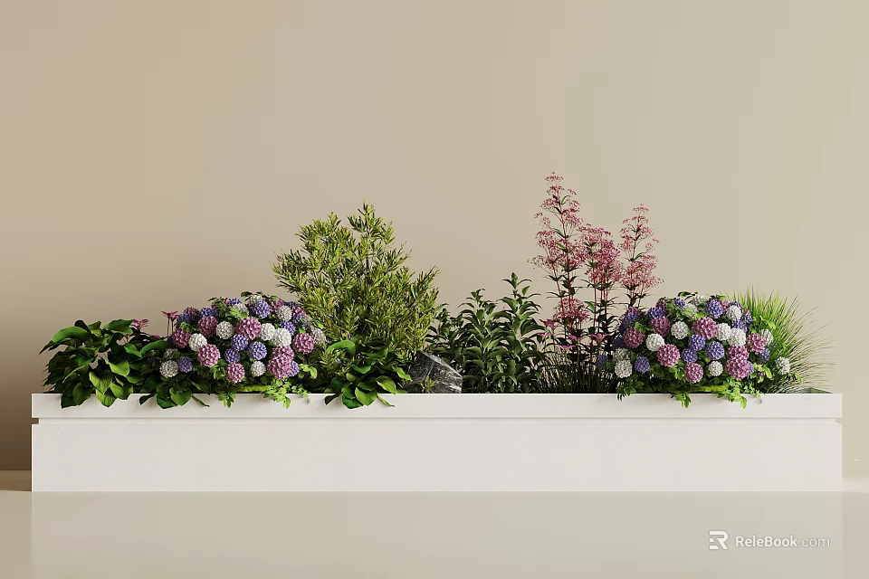 Fresh Flowers And Foliage On White Shelf With Purple White Spherical Blooms Pink Slender Stems 3d model 