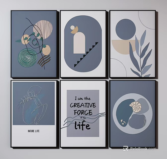 Modern Abstract Wall Art Set With Geometric Shapes Plant Elements And Creative Text 3d model