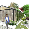 Serene Garden Landscape With Glass Greenhouse Green Plants Colorful Flowers And Stone Path