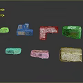 Various Colored Bricks In Different Shapes Suspended On Dark Background With Reflections