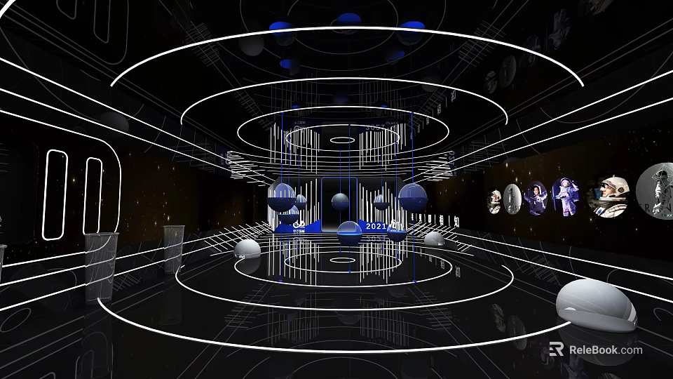 Futuristic Interior Design With Circular Structures Neon Lines And Sphere Decorations 3d model 
