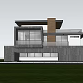 Modern Detached Villa with Unique Roof Design Surrounded by Trees and Large Windows