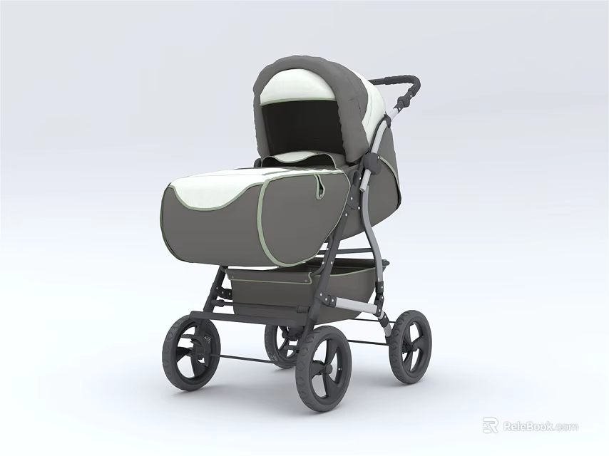 Stylish Grey And White Baby Stroller With Four Wheels Canopy And Storage Basket 3d model 