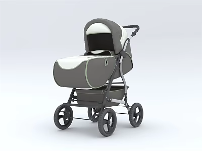 Stylish Grey And White Baby Stroller With Four Wheels Canopy And Storage Basket 3d model
