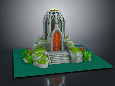 Cartoon Scene With Stone Dome Orange Door Moss Covered Stones Steps Green Grass Pink Flowers 3d model