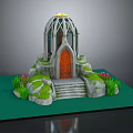 Cartoon Scene With Stone Dome Orange Door Moss Covered Stones Steps Green Grass Pink Flowers