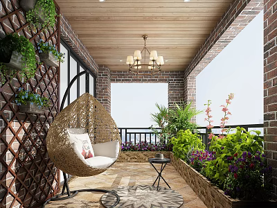 Cozy Villa Balcony with Rattan Hanging Chair Greenery Wall Wooden Ceiling and Decorative Details 3d model