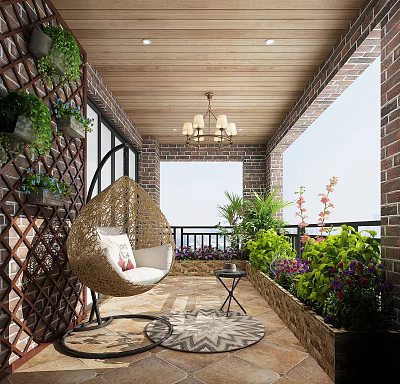 Cozy Villa Balcony with Rattan Hanging Chair Greenery Wall Wooden Ceiling and Decorative Details 3d model