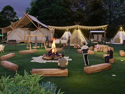 Scenic Camping Site With Tents Bonfire Wooden Log Seats And String Lights 3d model