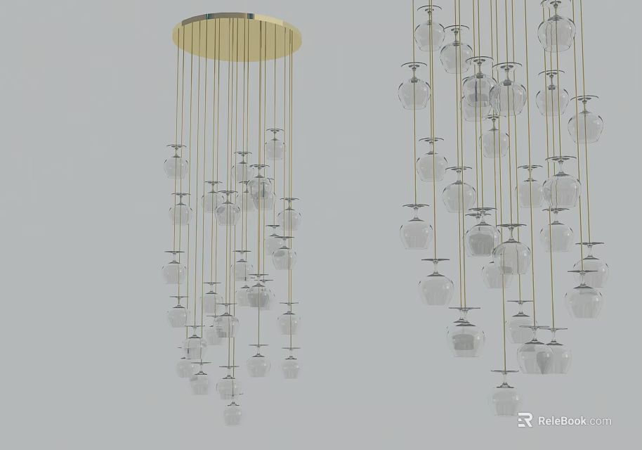 Modern Circular Golden Ceiling Design With Multiple Hanging Transparent Pendant Lights 3d model