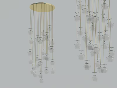 Modern Circular Golden Ceiling Design With Multiple Hanging Transparent Pendant Lights 3d model