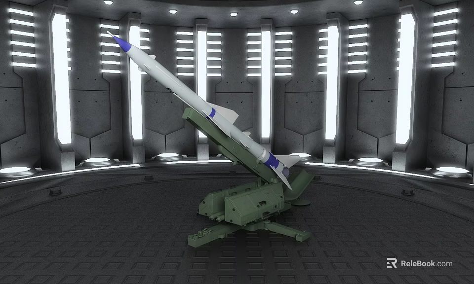 Futuristic Missile Launcher With White Blue Tip Missile Indoor Setting Vertical Lights And Gray Surroundings 3d model 