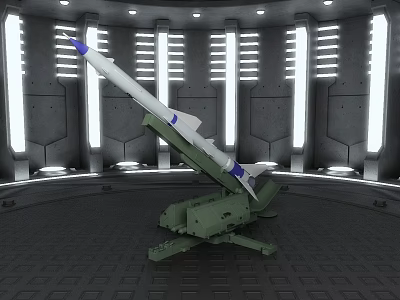 Futuristic Missile Launcher With White Blue Tip Missile Indoor Setting Vertical Lights And Gray Surroundings 3d model