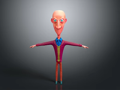 3D Bald Headed Cartoon Character With Big Eyes Purple Coat Blue Shirt And Arms Outstretched 3d model